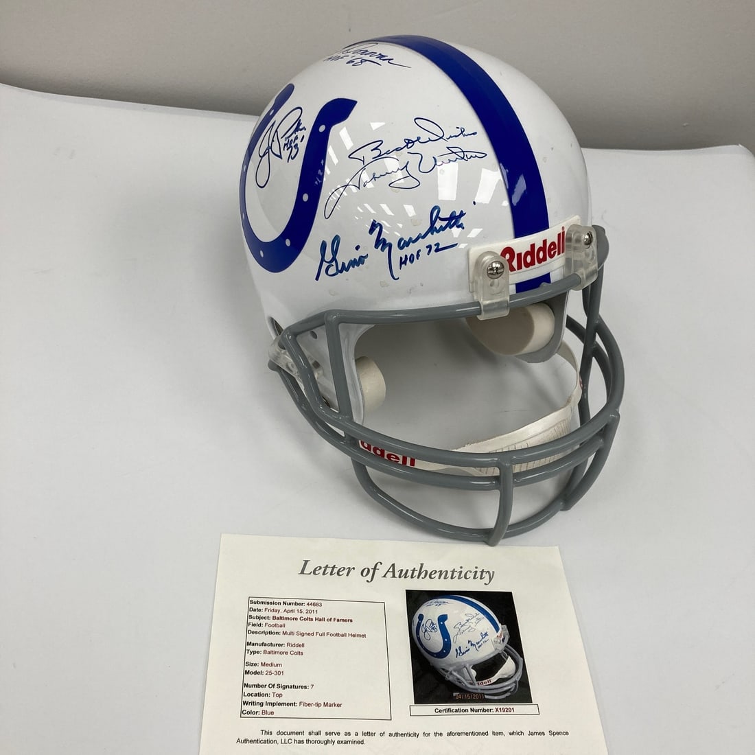 Baltimore Colts Hall of Famers Signed Riddell Authentic Helmet With JSA LOA: Baltimore Colts Hall of Famers Signed Riddell Authentic Helmet With JSA LOA This full-size authentic Riddell Baltimore Colts helmet is hand-signed by seven Hall of Fame players: Johnny Unitas, Lenny M
