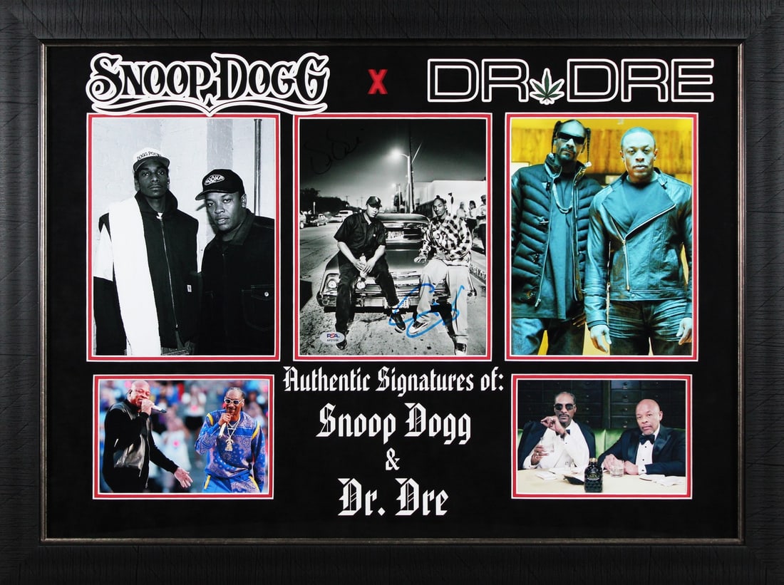 Dr Dre Snoop Dogg Signed Framed 8x10 Photo PSA DNA Certified: Dr Dre Snoop Dogg Signed Framed 8x10 Photo PSA DNA Certified This authentic signed 8x10 framed photograph features the iconic duo Dr. Dre and Snoop Dogg. Each signature has been personally inscribed b