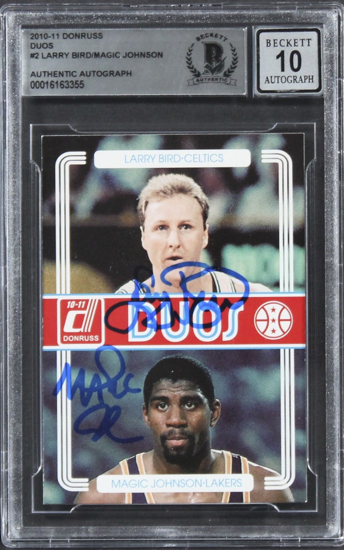 Beckett Slabbed 2010 Donruss Duos #2 Bird Johnson Auto Gem Mint 10: Beckett Slabbed 2010 Donruss Duos #2 Bird Johnson Auto Gem Mint 10 This 2010 Donruss Duos #2 basketball card features the authentic signatures of Larry Bird and Magic Johnson. The card has been graded