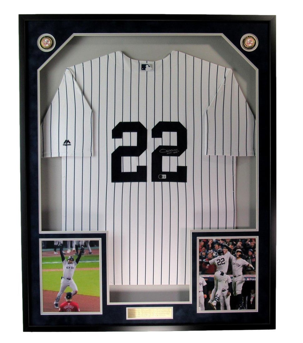 Framed White NY Yankees Jersey Signed by Juan Soto with Beckett Authentication: Framed White NY Yankees Jersey Signed by Juan Soto with Beckett Authentication This framed white New York Yankees jersey features an authentic autograph by Juan Soto. The jersey is an original item an