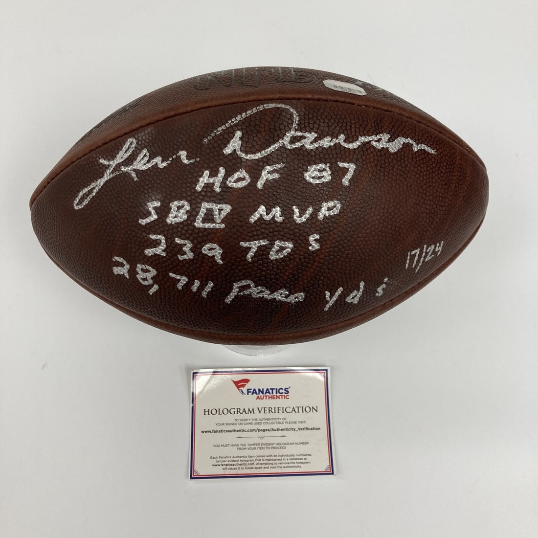 Len Dawson Signed Inscribed NFL Football HOF 87 SB MVP Fanatics COA Limited Edition 17/24: Len Dawson Signed Inscribed NFL Football HOF 87 SB MVP Fanatics COA Limited Edition 17/24 This rare Len Dawson signed football features extensive inscriptions, including "HOF 1987, SB MVP, 239 TD's, 2