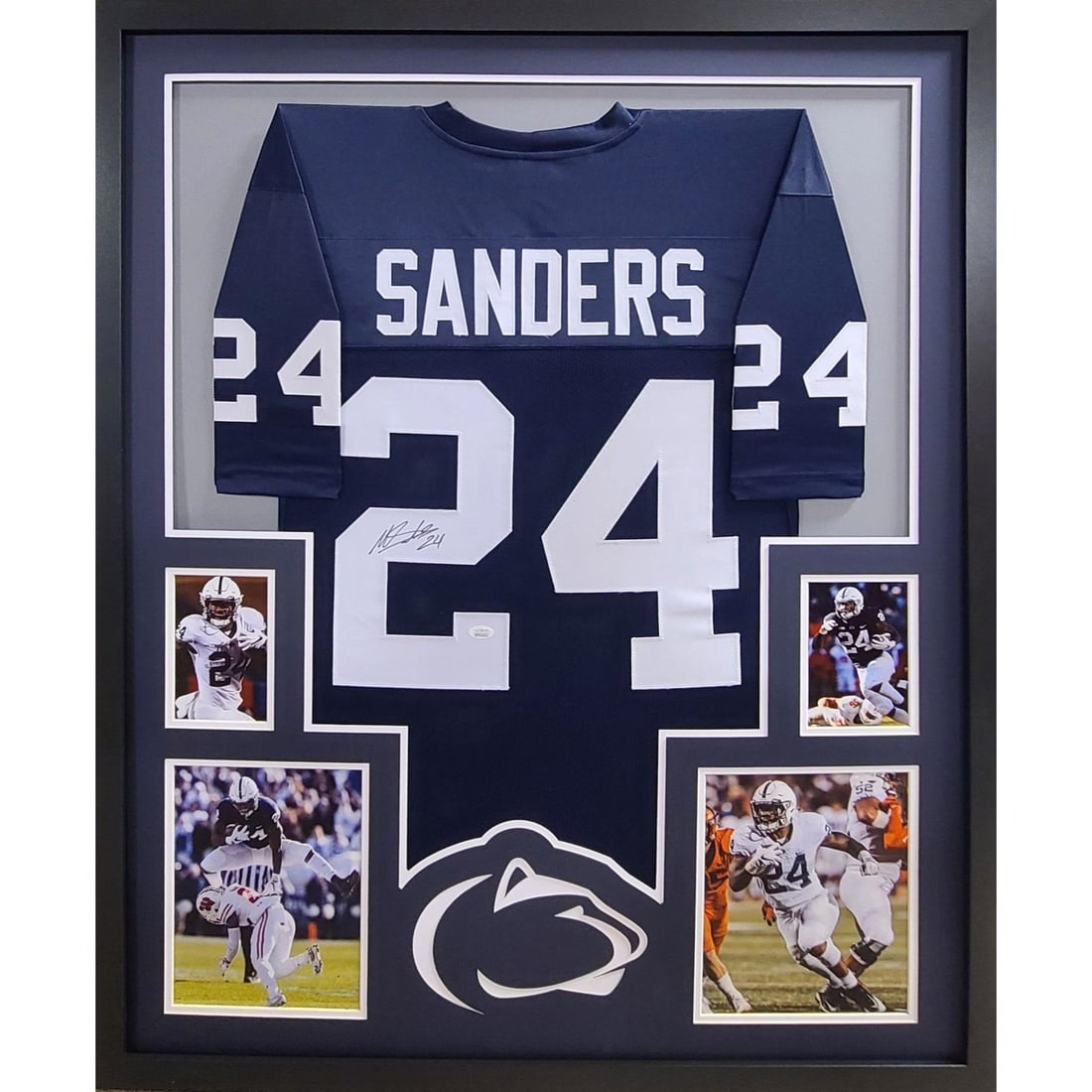 Miles Sanders Autographed Framed Jersey JSA Certified Penn State: Miles Sanders Autographed Framed Jersey JSA Certified Penn State This autographed Miles Sanders framed jersey is a must-have for any fan of Penn State. The jersey comes with a tamper-proof sticker fro