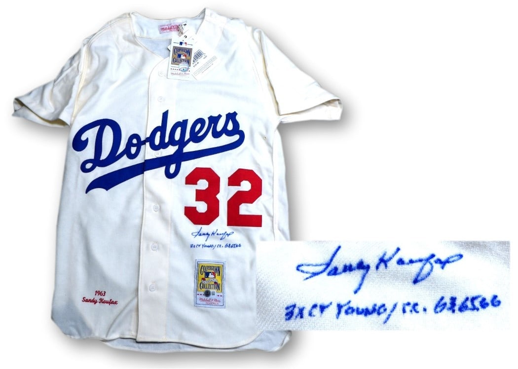 Sandy Koufax Autographed Jersey Dodgers 3X Cy Young Inscription Beckett Authenticated: Sandy Koufax Autographed Jersey Dodgers 3X Cy Young Inscription Beckett Authenticated This authentic Sandy Koufax jersey is a collector's dream, featuring the legendary pitcher's signature along with 