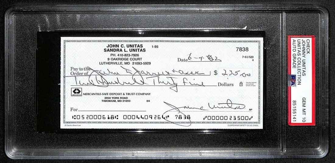 Johnny Unitas Signed Check June 4 2002 PSA/DNA GEM MT 10: Johnny Unitas Signed Check June 4 2002 PSA/DNA GEM MT 10 Offered is an original Johnny Unitas signed bank check dated June 4, 2002. This check, associated with the legendary Baltimore Colts quarterbac
