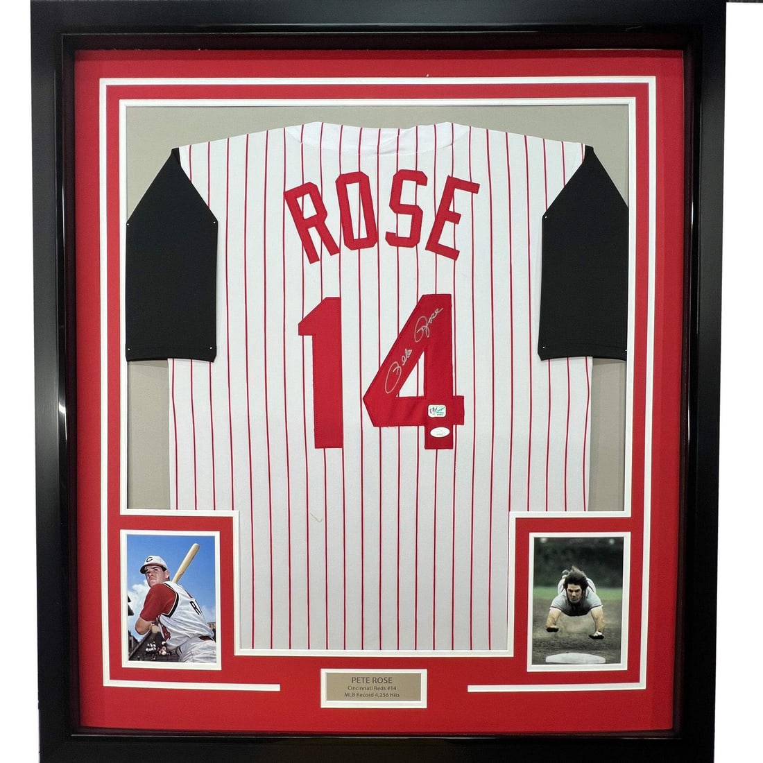 Framed Autographed Pete Rose Cincinnati Reds Jersey with JSA COA: Framed Autographed Pete Rose Cincinnati Reds Jersey with JSA COA This professionally framed and matted sports memorabilia features an autographed Cincinnati Reds pinstripe jersey signed by Pete Rose, 