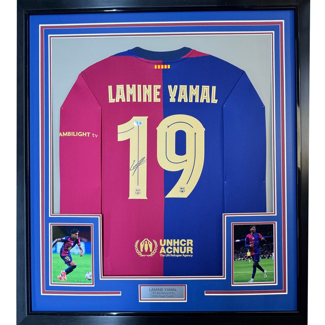 Framed Autographed Lamine Yamal FC Barcelona Blue Jersey Beckett COA: Framed Autographed Lamine Yamal FC Barcelona Blue Jersey Beckett COA Celebrate the talent of Lamine Yamal with this professionally framed and autographed FC Barcelona jersey. Measuring 35x39 inches, t