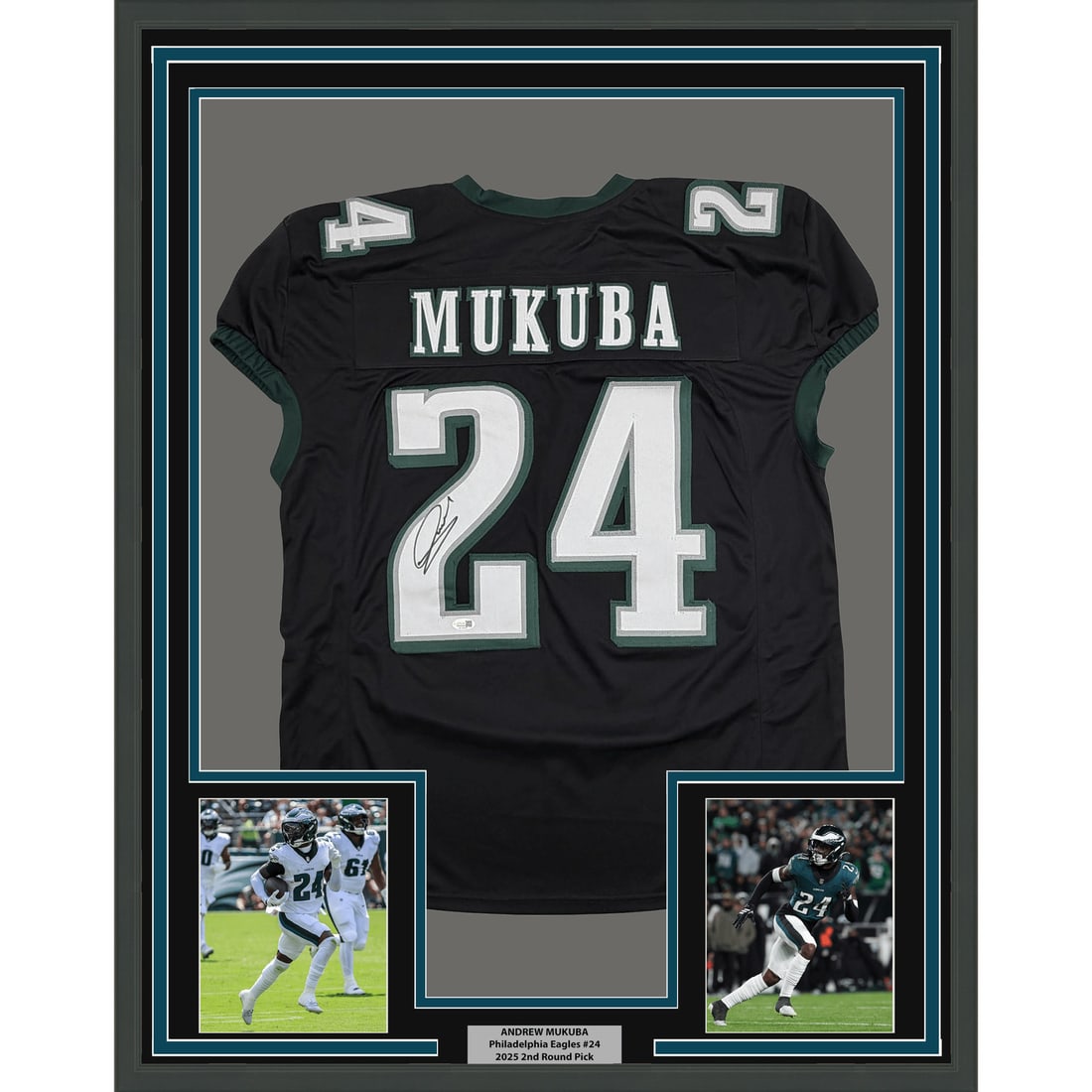 Andrew Mukuba Signed Philadelphia Eagles Framed Black Jersey JSA COA: Andrew Mukuba Signed Philadelphia Eagles Framed Black Jersey JSA COA This professionally framed and matted display features an autographed Andrew Mukuba Philadelphia Eagles Pro Cut jersey. The jersey 
