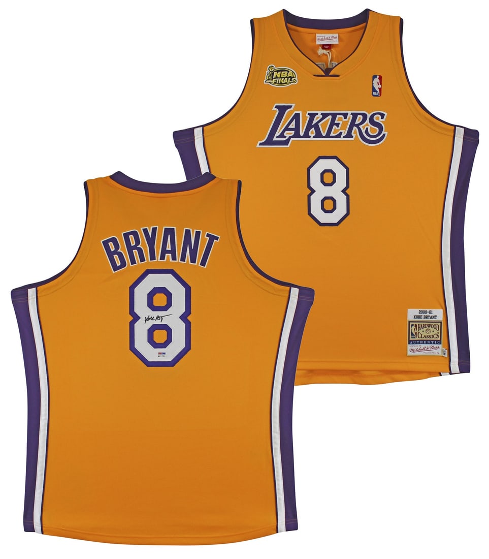 Kobe Bryant Signed Yellow Lakers 2000-01 Jersey PSA Authenticated: Kobe Bryant Signed Yellow Lakers 2000-01 Jersey PSA Authenticated This authentic yellow Mitchell & Ness Hardwood Classics jersey, representing the 2000-01 season, has been personally signed by the leg