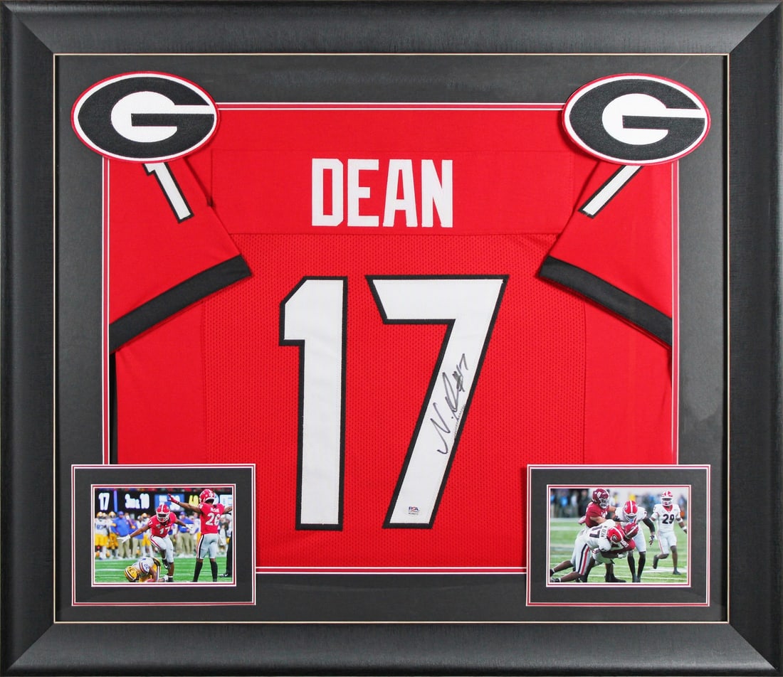 Framed Red Jersey Signed by Nakobe Dean PSA Authenticated Georgia Bulldogs: Framed Red Jersey Signed by Nakobe Dean PSA Authenticated Georgia Bulldogs This red pro style framed jersey has been personally signed by Nakobe Dean of the Georgia Bulldogs. Authenticated by PSA/DNA 