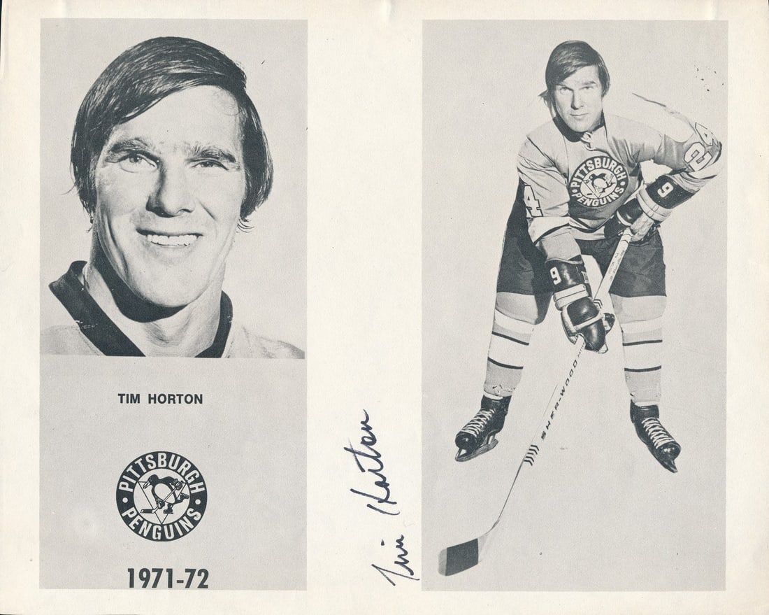 Tim Horton Autographed 8x10 Pittsburgh Penguins Hockey Photo JSA Authenticated: Tim Horton Autographed 8x10 Pittsburgh Penguins Hockey Photo JSA Authenticated This is an original 8x10 black and white photo of Tim Horton, signed and autographed, featuring him with the Pittsburgh P