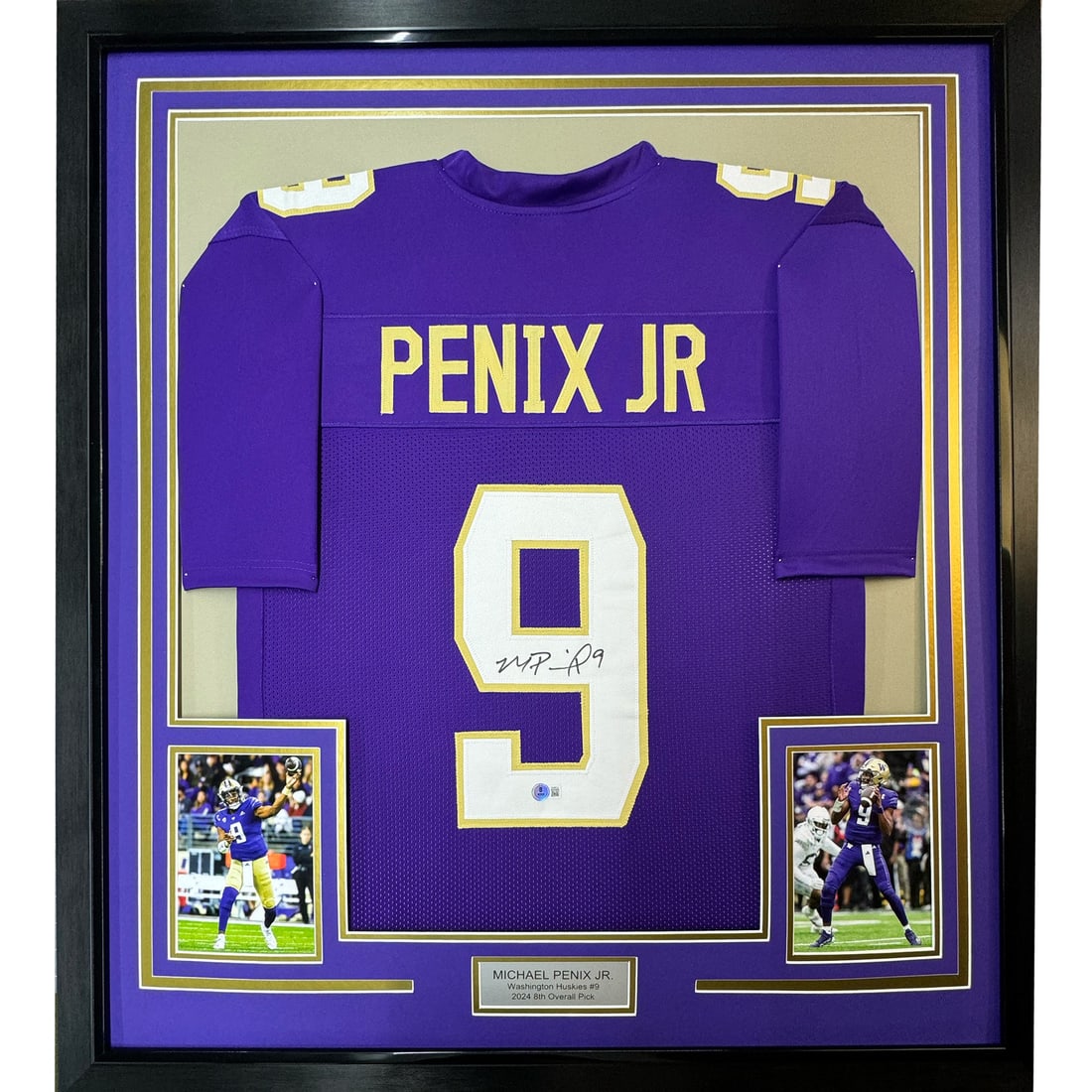 Michael Penix Jr. Signed Washington Huskies Jersey Framed BAS COA 35x39: Michael Penix Jr. Signed Washington Huskies Jersey Framed BAS COA 35x39 This professionally framed and matted display features a purple Washington Huskies jersey autographed by Michael Penix Jr. The j