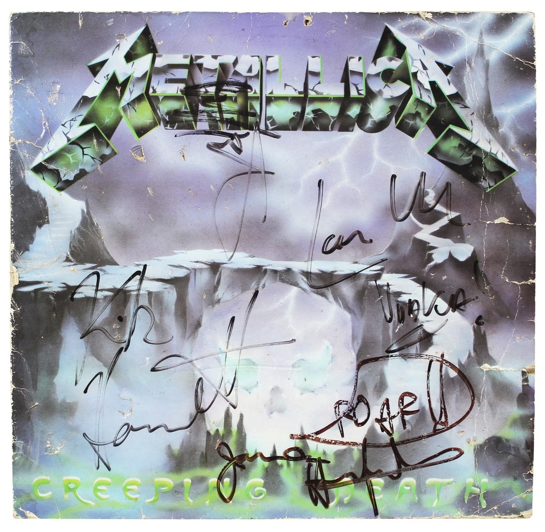 Metallica Signed Creeping Death Album Cover BAS #AB91686: Metallica Signed Creeping Death Album Cover BAS #AB91686 This original autographed album cover from Metallica features the signatures of four iconic members: Cliff Burton, James Hetfield, Lars Ulrich,