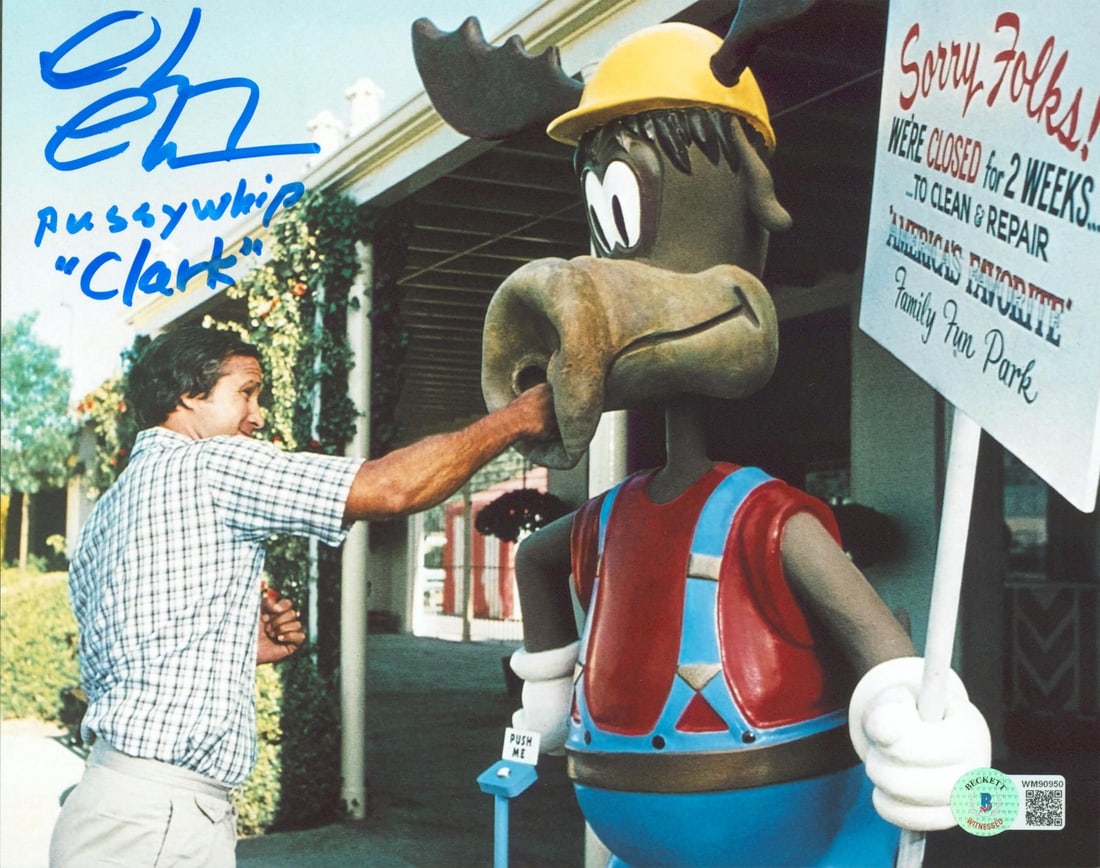 Chevy Chase Signed 8x10 Photograph With Inscription Beckett BAS Witnessed: Chevy Chase Signed 8x10 Photograph With Inscription Beckett BAS Witnessed This is an 8x10 photograph from National Lampoon's Vacation, autographed by Chevy Chase with the inscription "*****whip, Clark