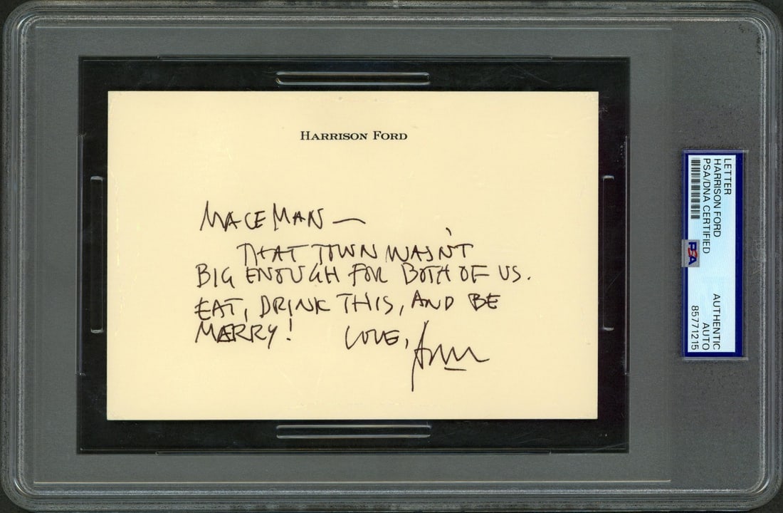 PSA DNA Slabbed Harrison Ford Star Wars Signed 4.25x6.25 Letter: PSA DNA Slabbed Harrison Ford Star Wars Signed 4.25x6.25 Letter This is an original 4.25 x 6.25 inch handwritten letter featuring an inscription and personally signed by Harrison Ford. The letter incl