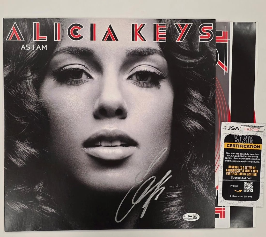 Alicia Keys autograph JSA As I Am vinyl LP cover: Alicia Keys autograph JSA As I Am vinyl LP cover This is an 'As I Am' vinyl record album cover signed by Alicia Keys. The autograph has been authenticated by James Spence Authentication (JSA). The ite