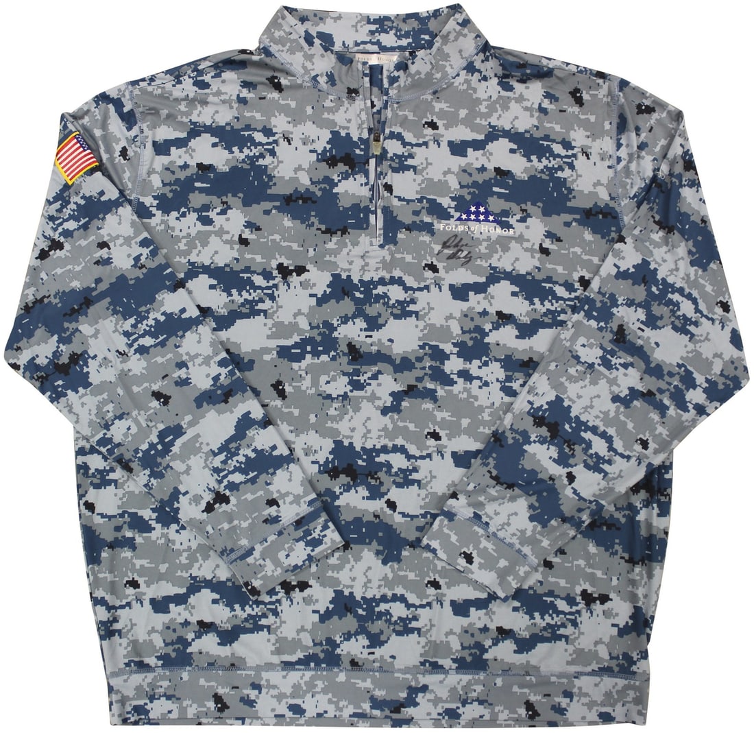 Match Worn John Daly Signed Camouflage Folds of Honor Golf Shirt Beckett Authenticated: Match Worn John Daly Signed Camouflage Folds of Honor Golf Shirt Beckett Authenticated This is a match-worn camouflage Folds of Honor quarter zip shirt, personally signed by professional golfer John D