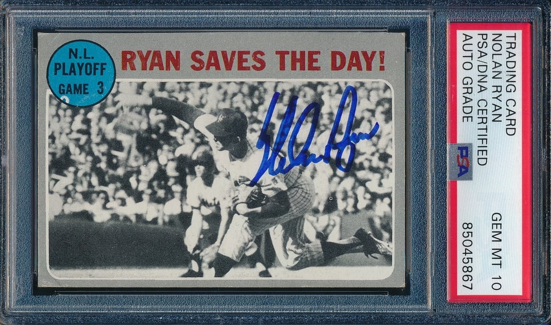 PSA DNA GEM MINT 10 Nolan Ryan 1970 Topps Mets Signed Card #197: PSA DNA GEM MINT 10 Nolan Ryan 1970 Topps Mets Signed Card #197 This is an original 1970 Topps baseball card featuring Nolan Ryan of the New York Mets. The card is autographed by Nolan Ryan and has be