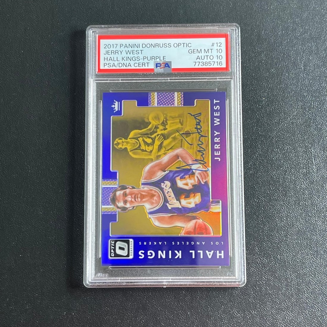 2017 Panini Donruss Optic Jerry West Signed Purple Card PSA GEM MT 10: 2017 Panini Donruss Optic Jerry West Signed Purple Card PSA GEM MT 10 This is a 2017 Panini Donruss Optic Hall Kings Purple #12 sports trading card, featuring a signature from the legendary Jerry West