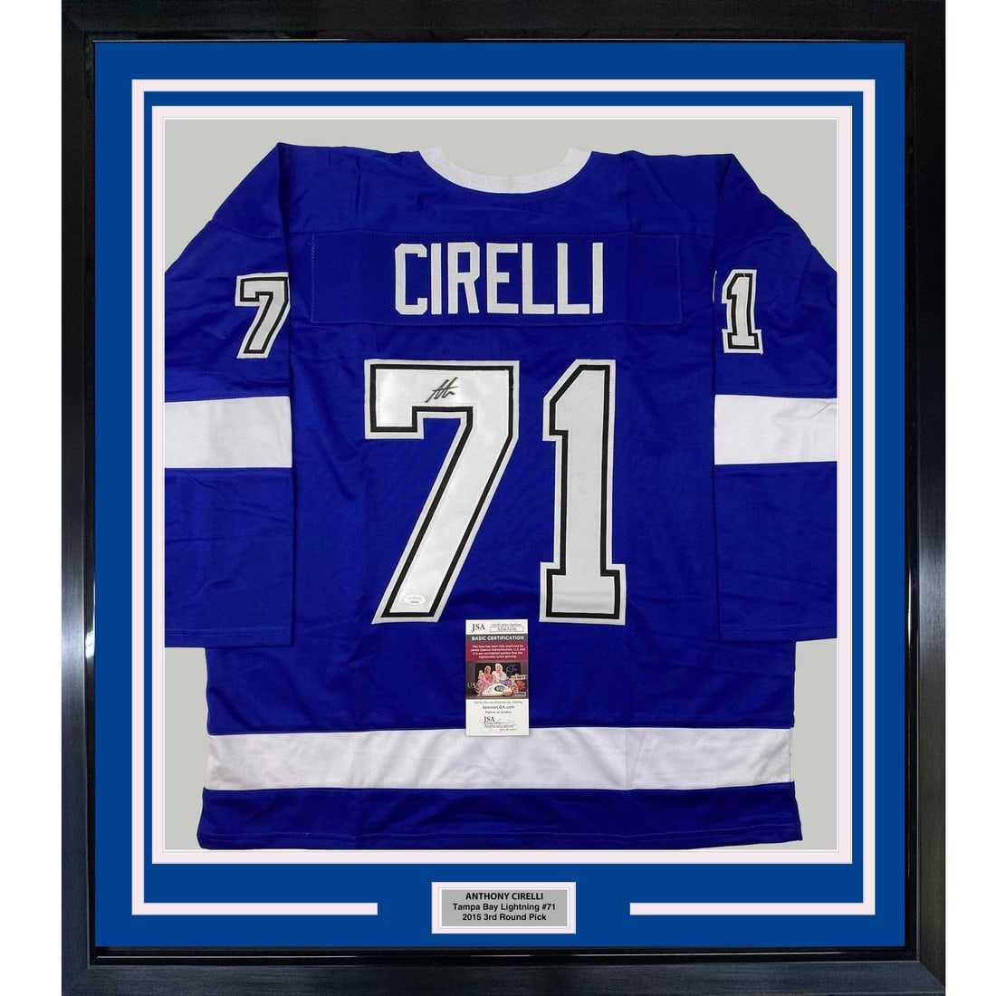 Framed Autographed Anthony Cirelli Tampa Bay Jersey with JSA COA: Framed Autographed Anthony Cirelli Tampa Bay Jersey with JSA COA Celebrate your love for hockey with this professionally framed and autographed Anthony Cirelli jersey from the Tampa Bay Lightning. Thi