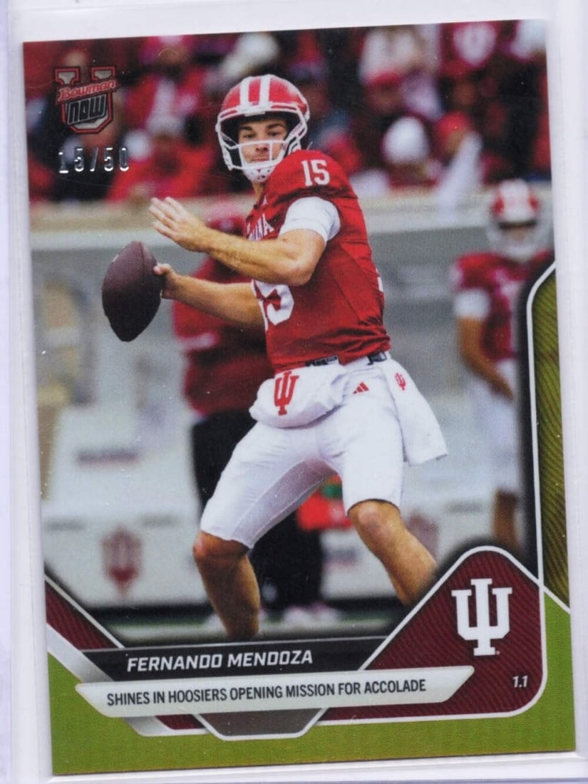 Fernando Mendoza Gold Foil Indiana Rookie Bowman U Now Card #64 Limited to 50: Fernando Mendoza Gold Foil Indiana Rookie Bowman U Now Card #64 Limited to 50 This is a 2025 Topps Bowman U Now Fernando Mendoza #64 Gold Foil rookie card, featuring the Indiana Hoosiers athlete. The 
