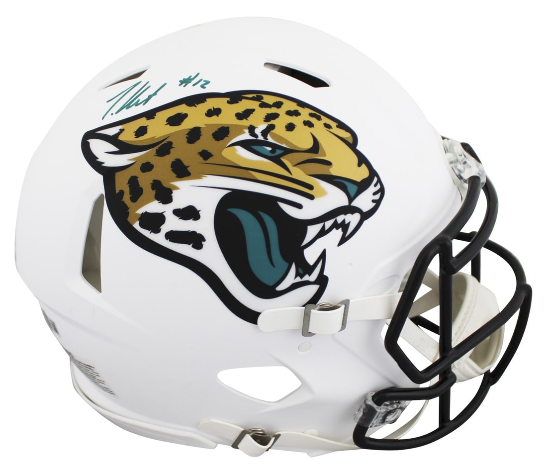 Travis Hunter Signed 2024 Jaguars Alternate Full Size Helmet BAS Authenticated: Travis Hunter Signed 2024 Jaguars Alternate Full Size Helmet BAS Authenticated This Jacksonville Jaguars 2024 On-Field Alternate Full Size Speed Proline Helmet has been personally signed by Travis Hun