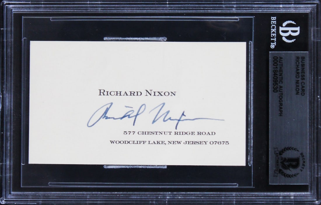 Richard Nixon Signed Business Card Beckett Authenticated Slabbed: Richard Nixon Signed Business Card Beckett Authenticated Slabbed This authentic post-presidency business card is personally signed by Richard Nixon, showcasing a unique piece of history. The signature