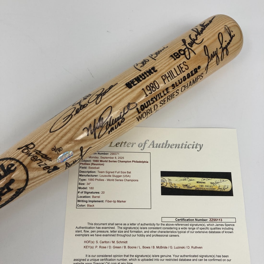 1980 Philadelphia Phillies Signed Bat with JSA COA Limited Edition: 1980 Philadelphia Phillies Signed Bat with JSA COA Limited Edition Celebrate the legacy of the 1980 Philadelphia Phillies with this stunning Louisville Slugger bat, signed by twenty members of the Wor