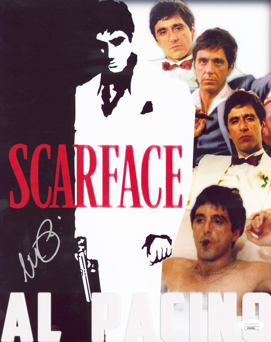 Al Pacino Scarface Signed 11x14 Photo JSA Authenticated: Al Pacino Scarface Signed 11x14 Photo JSA Authenticated This stunning 11x14 photograph captures the iconic Al Pacino in his legendary role from the film Scarface. Personally signed by Al Pacino, this 
