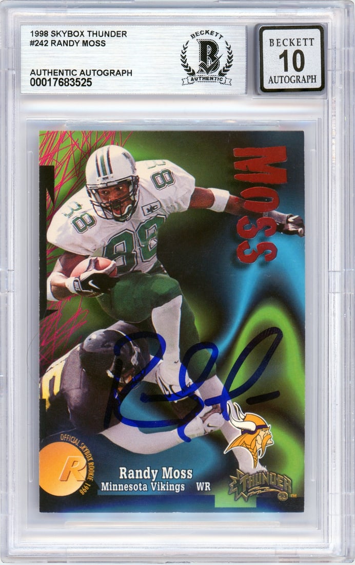 Randy Moss 1998 Skybox Thunder Rookie Autograph BGS 10 Vikings Card: Randy Moss 1998 Skybox Thunder Rookie Autograph BGS 10 Vikings Card This is a 1998 Skybox Thunder #242 Randy Moss rookie card featuring his hand-signed autograph. The card has been professionally grad