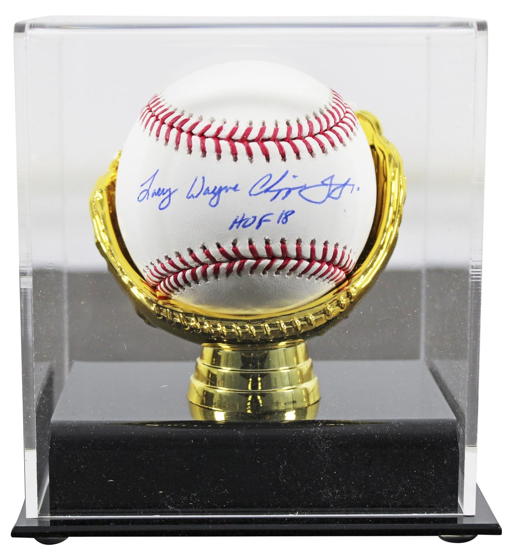 Larry Chipper Jones Jr. Signed Baseball Beckett COA HOF 18 Inscription in Display Case: Larry Chipper Jones Jr. Signed Baseball Beckett COA HOF 18 Inscription in Display Case This authentic OML baseball features the hand-signed signature of Larry Wayne Chipper Jones Jr. with the inscript