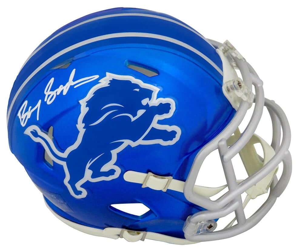 Barry Sanders Signed Detroit Lions Riddell Mini Helmet with COA: Barry Sanders Signed Detroit Lions Riddell Mini Helmet with COA Celebrate the legacy of one of football's greatest players with this Barry Sanders signed Detroit Lions FLASH Riddell mini helmet. This 