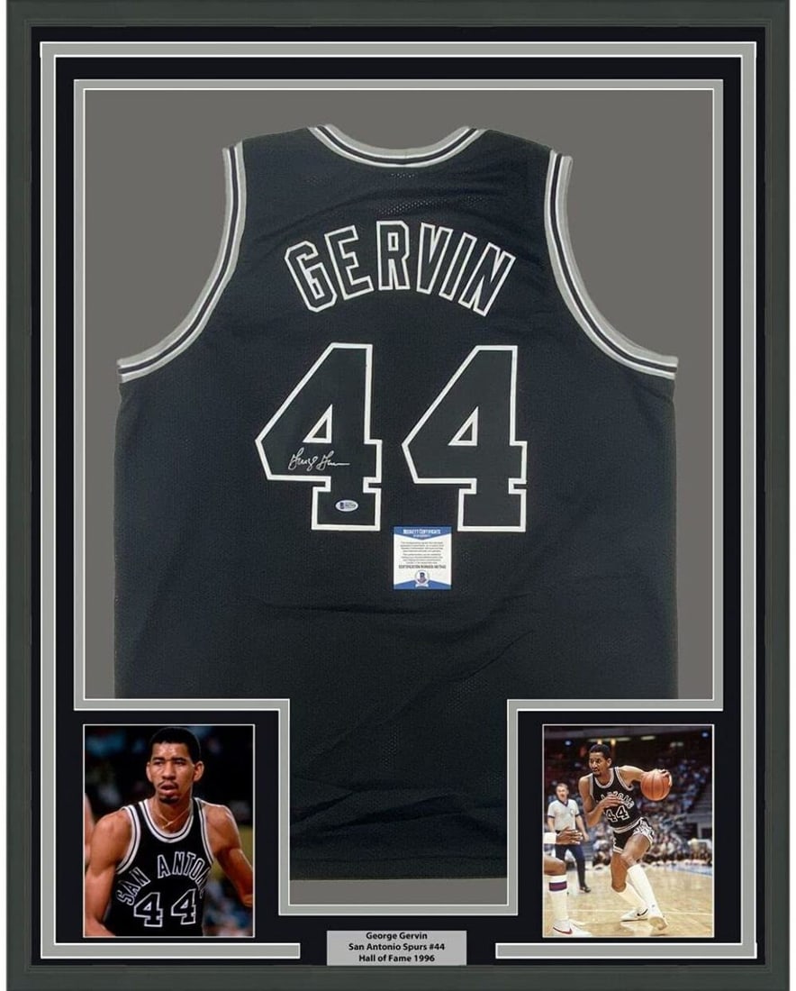 Framed George Gervin Autographed Jersey with Beckett COA: Framed George Gervin Autographed Jersey with Beckett COA Celebrate the legacy of George Gervin with this professionally framed autographed black jersey from his time with the San Antonio Spurs. Measur