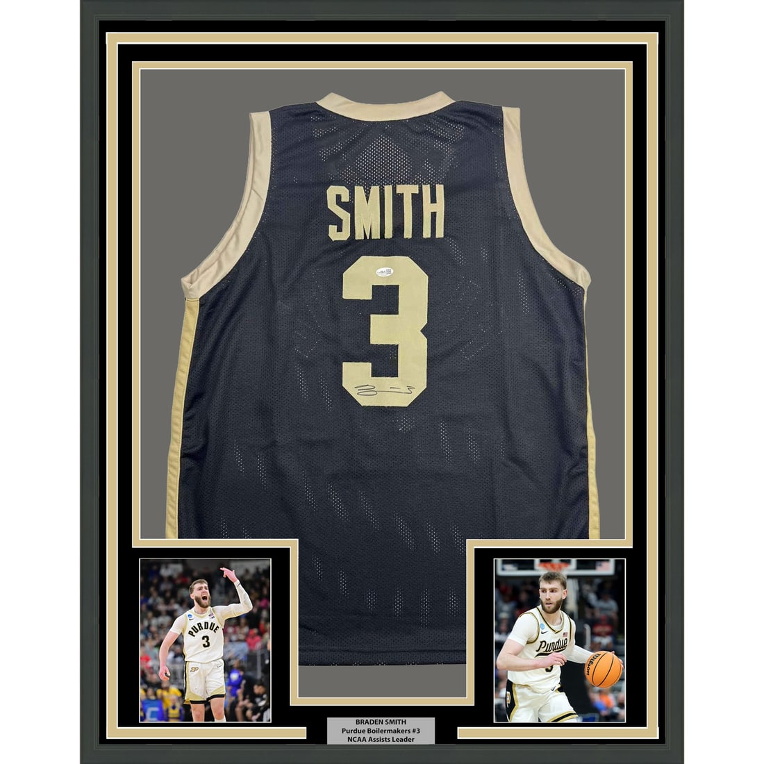 Braden Smith Signed Purdue Jersey Display 35x39 with JSA Authentication: Braden Smith Signed Purdue Jersey Display 35x39 with JSA Authentication This framed display features a black Purdue Boilermakers jersey autographed by Braden Smith. The jersey is professionally framed