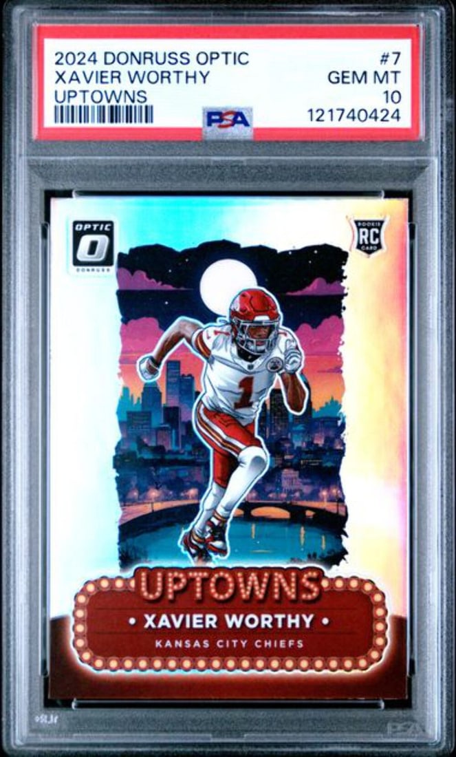 2024 Panini Donruss Optic Xavier Worthy Rookie RC Card PSA 10: 2024 Panini Donruss Optic Xavier Worthy Rookie RC Card PSA 10 This is a Graded 2024 Panini Donruss Optic Xavier Worthy #7 Uptowns Rookie RC Card, rated PSA 10 for its outstanding quality. It features 