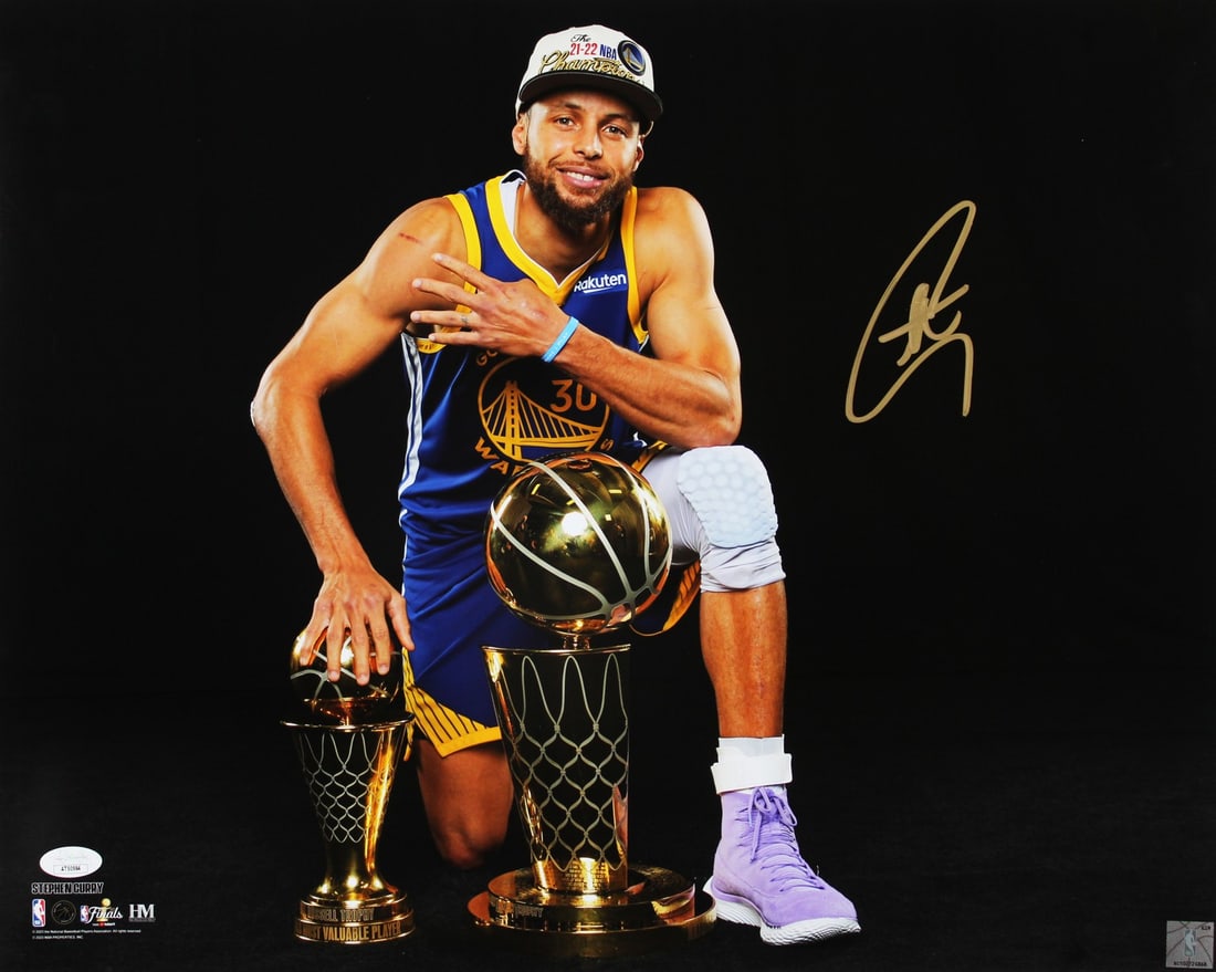 Stephen Curry Signed 16x20 Horizontal Photo Golden State Warriors JSA COA: Stephen Curry Signed 16x20 Horizontal Photo Golden State Warriors JSA COA Celebrate the legacy of Stephen Curry with this stunning 16x20 horizontal trophy blackout photo. Personally signed by the Gold