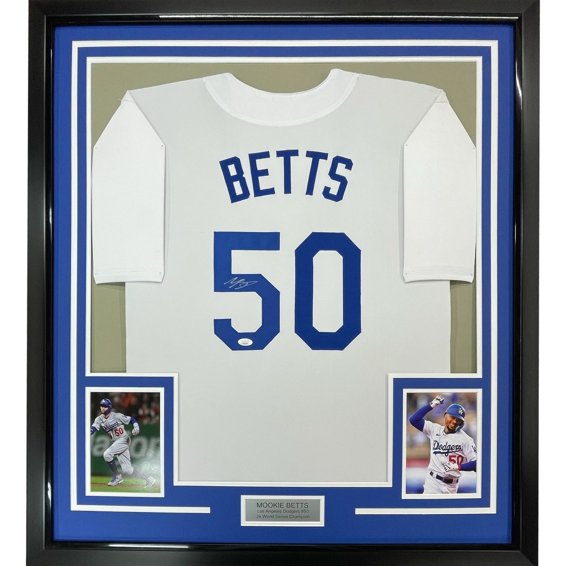 Framed Signed Mookie Betts Los Angeles Dodgers Jersey JSA COA: Framed Signed Mookie Betts Los Angeles Dodgers Jersey JSA COA This professionally framed autographed jersey features Mookie Betts, a star player for the Los Angeles Dodgers. The jersey is a white LA d