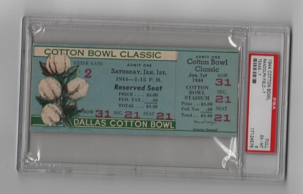 Original Gold Ticket Stub 1946 Cotton Bowl Texas Versus Missouri PSA Authenticated: Original Gold Ticket Stub 1946 Cotton Bowl Texas Versus Missouri PSA Authenticated This is an original full ticket from the 1946 Cotton Bowl featuring the matchup between Texas and Missouri, with the 