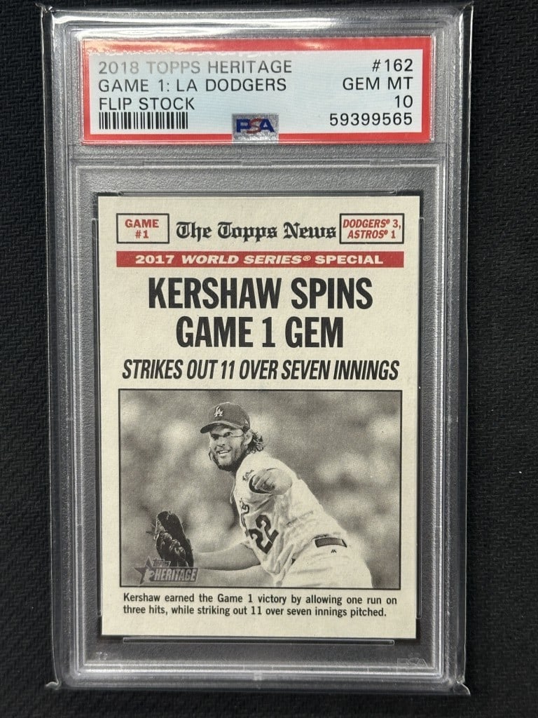 Clayton Kershaw 2018 Topps Heritage Flip Stock PSA 10 Dodgers Card: Clayton Kershaw 2018 Topps Heritage Flip Stock PSA 10 Dodgers Card This is a Clayton Kershaw 2018 Topps Heritage Game 1 Baseball Card, graded PSA 10, making it a rare Pop 1 card. The card features the
