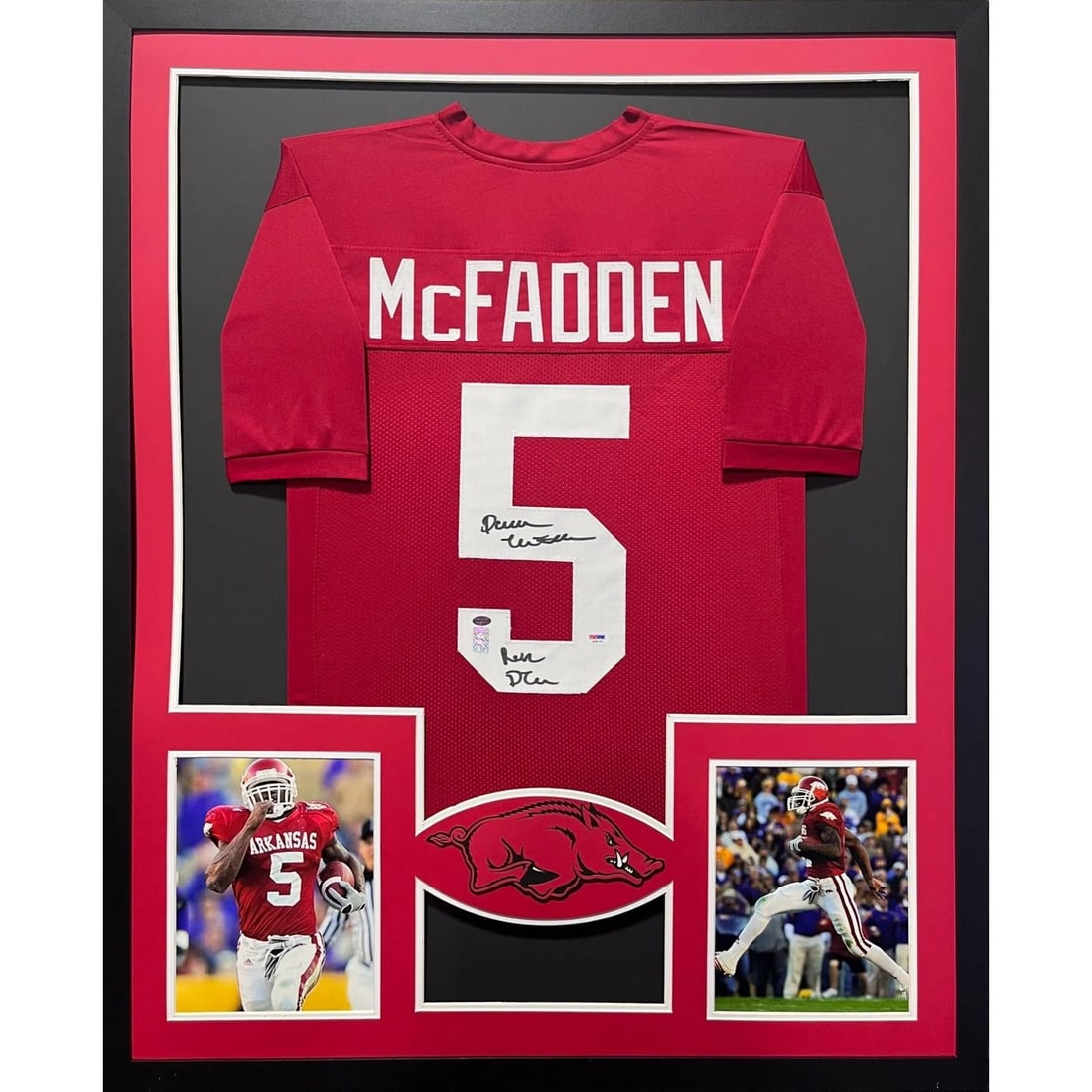Signed Darren McFadden Arkansas framed jersey PSA DNA authenticated: Signed Darren McFadden Arkansas framed jersey PSA DNA authenticated This framed jersey features an authentic autograph from Darren McFadden, commemorating his time with Arkansas. The jersey is profess