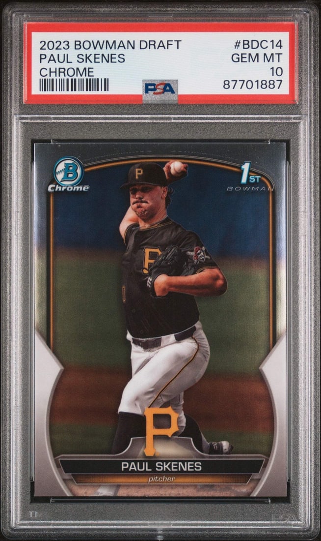 2023 Topps Bowman Draft Paul Skenes #BDC14 Chrome RC PSA 10 Baseball Card: 2023 Topps Bowman Draft Paul Skenes #BDC14 Chrome RC PSA 10 Baseball Card This is a 2023 Topps Bowman Draft Paul Skenes #BDC14 Chrome RC Baseball Card graded PSA 10. The card features the player Paul 