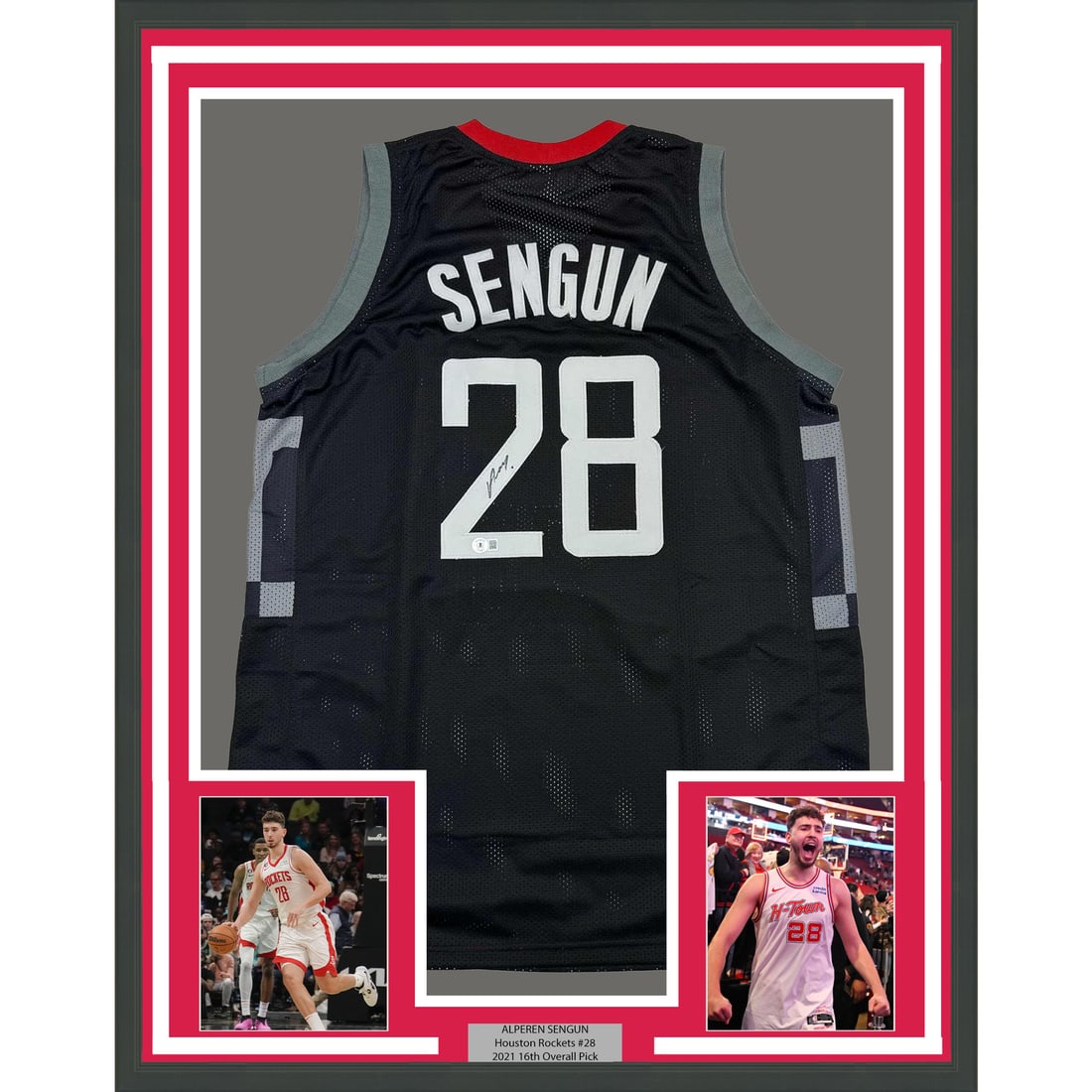 Framed Alperen Sengun Signed Houston Black Jersey Beckett COA 35x39: Framed Alperen Sengun Signed Houston Black Jersey Beckett COA 35x39 This professionally framed and matted Houston Rockets black jersey is autographed by Alperen Sengun. The display includes two 5x7 ph