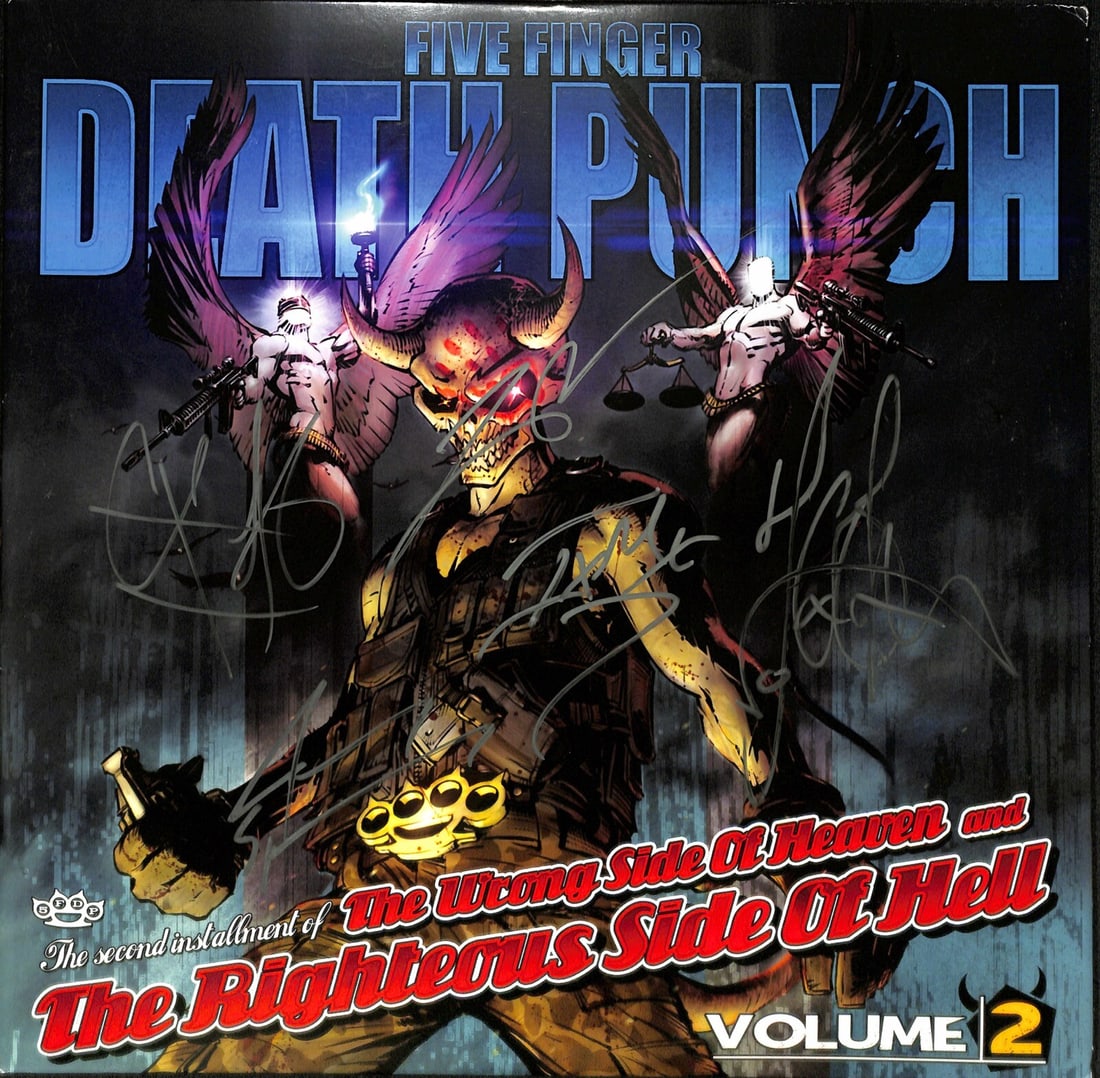 Five Finger Death Punch Signed Vinyl LP The Wrong Side of Heaven Beckett LOA: Five Finger Death Punch Signed Vinyl LP The Wrong Side of Heaven Beckett LOA This is an autographed vinyl LP of Five Finger Death Punch's album "The Wrong Side of Heaven and The Righteous Side of Hell