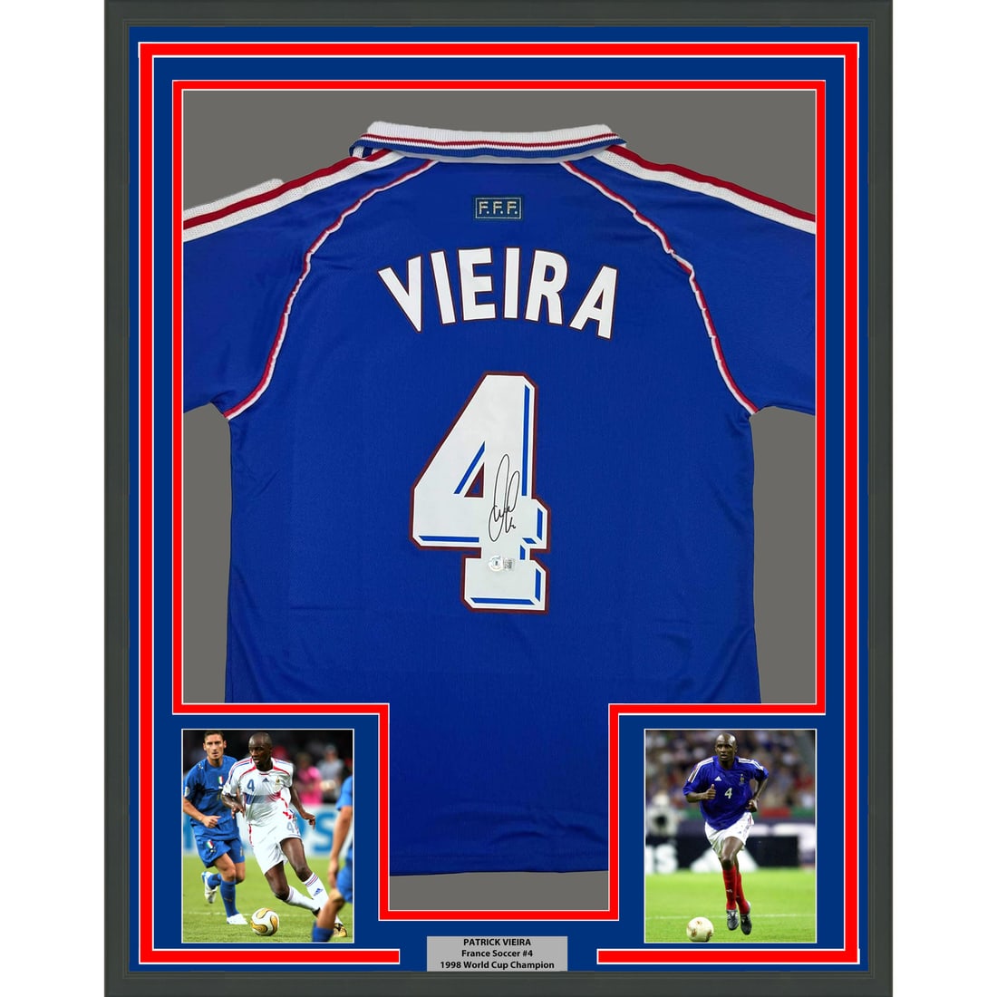 Framed Patrick Vieira Signed France Jersey with Beckett COA 35x39: Framed Patrick Vieira Signed France Jersey with Beckett COA 35x39 Showcase your admiration for Patrick Vieira with this professionally framed autographed France jersey. Measuring 35x39 inches, this co
