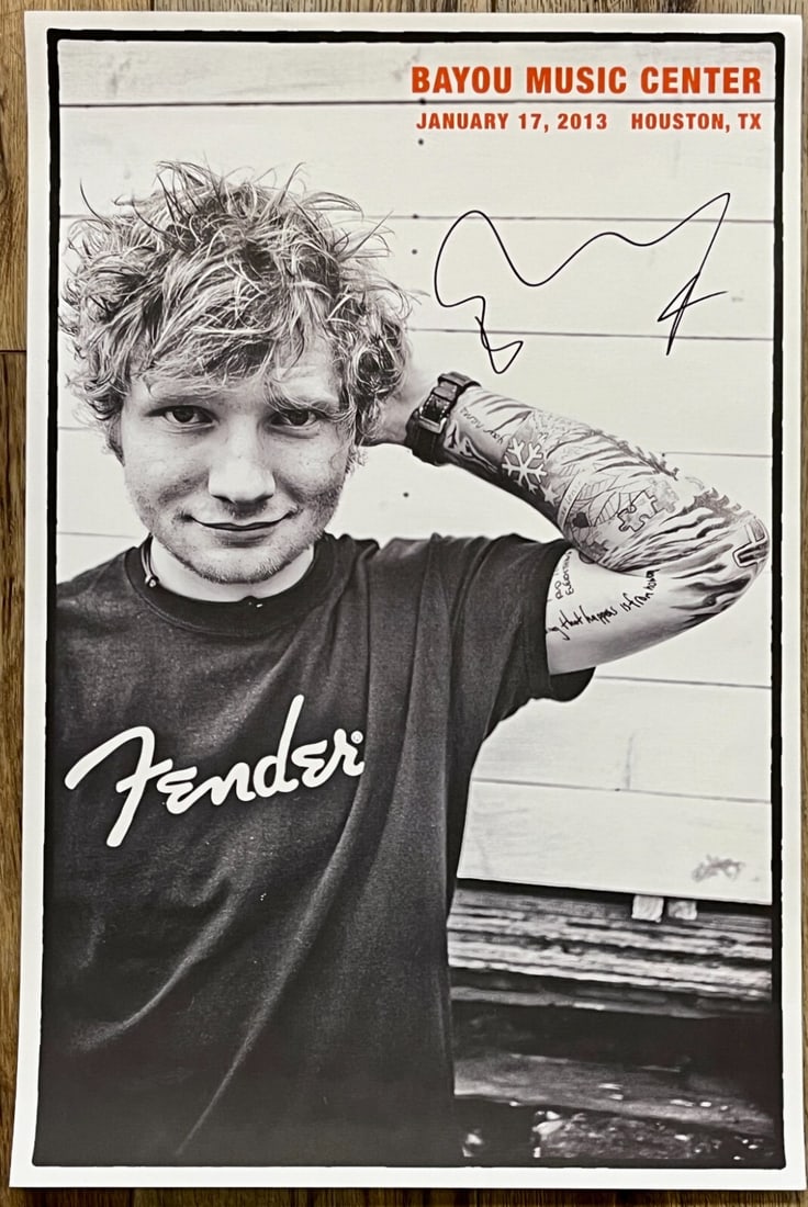 Unique Ed Sheeran Signed 2013 Bayou Music Center Poster JSA Authenticated: Unique Ed Sheeran Signed 2013 Bayou Music Center Poster JSA Authenticated This unique Ed Sheeran signed 2013 Bayou Music Center promo poster is a must-have for collectors. Authenticated by James Spenc