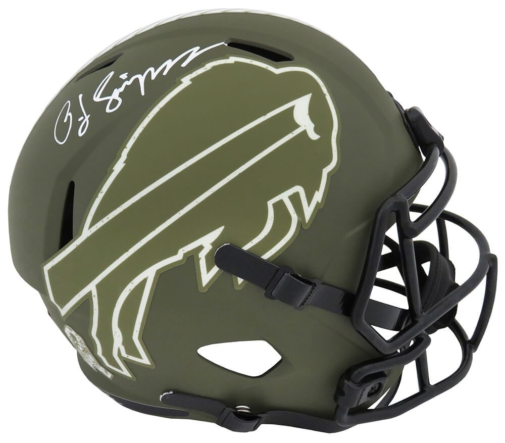 O.J. Simpson Signed Buffalo Bills Riddell Full Size Helmet with COA: O.J. Simpson Signed Buffalo Bills Riddell Full Size Helmet with COA Celebrate the legacy of football legend O.J. Simpson with this signed Buffalo Bills Salute to Service Riddell full-size speed replic
