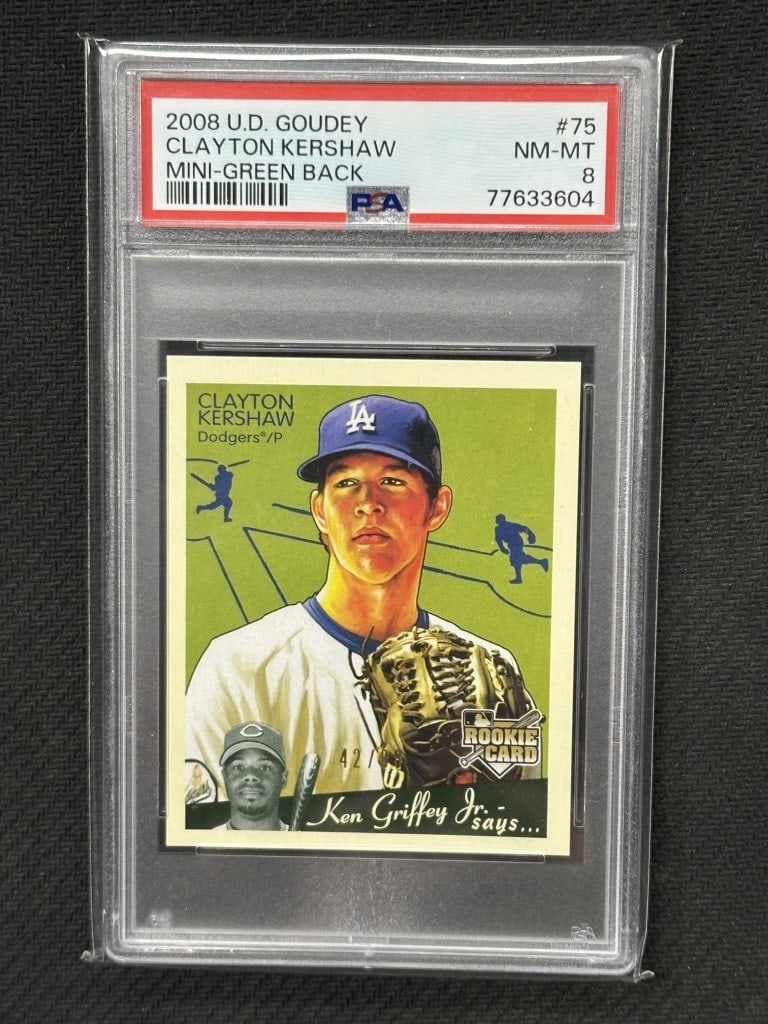 PSA 8 Clayton Kershaw 2008 Goudey Mini Green Back Rookie Card #75: PSA 8 Clayton Kershaw 2008 Goudey Mini Green Back Rookie Card #75 This is a 2008 Upper Deck Goudey Mini Green Back rookie card featuring Clayton Kershaw of the Los Angeles Dodgers. The card is profess