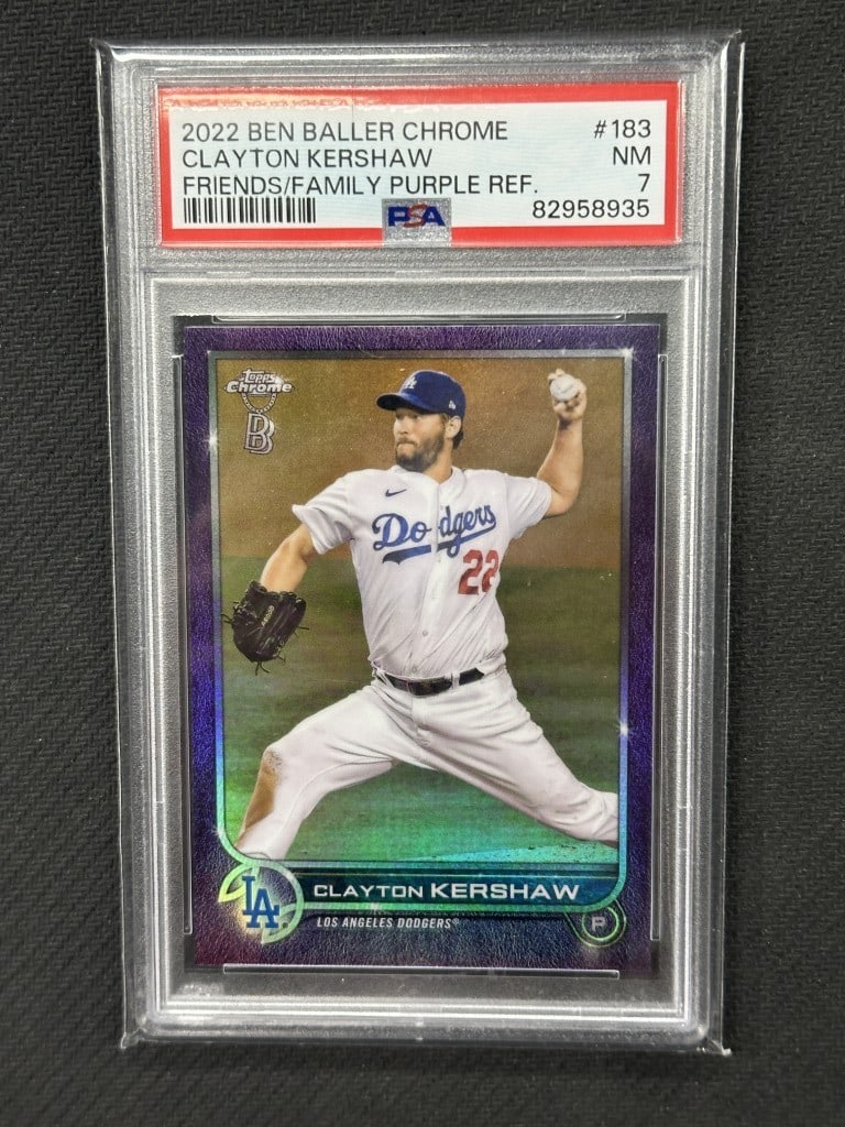 Clayton Kershaw 2022 Ben Baller Purple PSA 7 #183 MLB Card: Clayton Kershaw 2022 Ben Baller Purple PSA 7 #183 MLB Card This is a 2022 Ben Baller Chrome Friends & Family Purple baseball card featuring Clayton Kershaw, the star pitcher for the Los Angeles Dodger