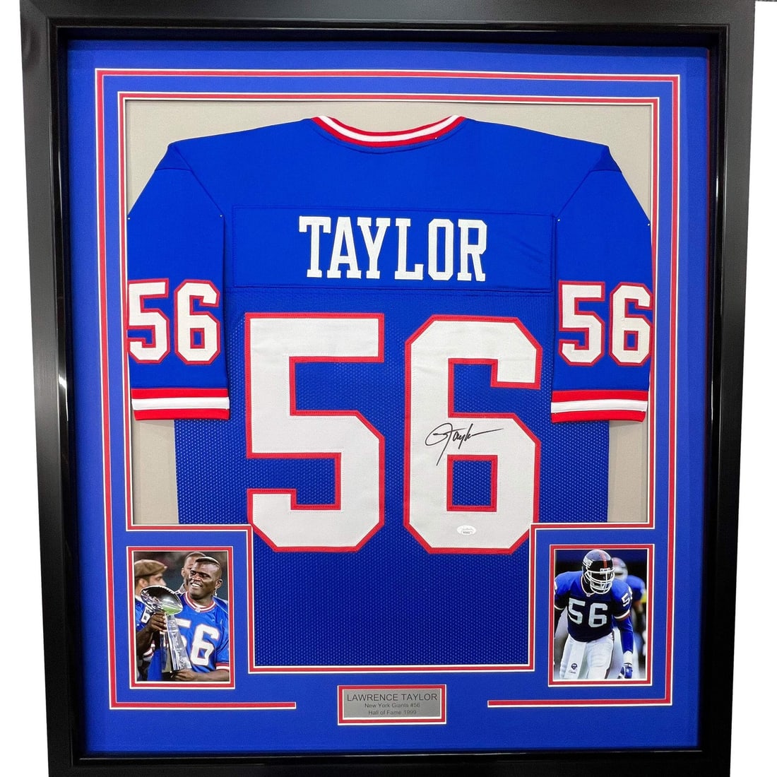 Framed Autographed Lawrence Taylor Jersey 33x42 New York Giants JSA COA: Framed Autographed Lawrence Taylor Jersey 33x42 New York Giants JSA COA This professionally framed and matted display features an autographed blue jersey of NFL legend Lawrence Taylor, a standout play
