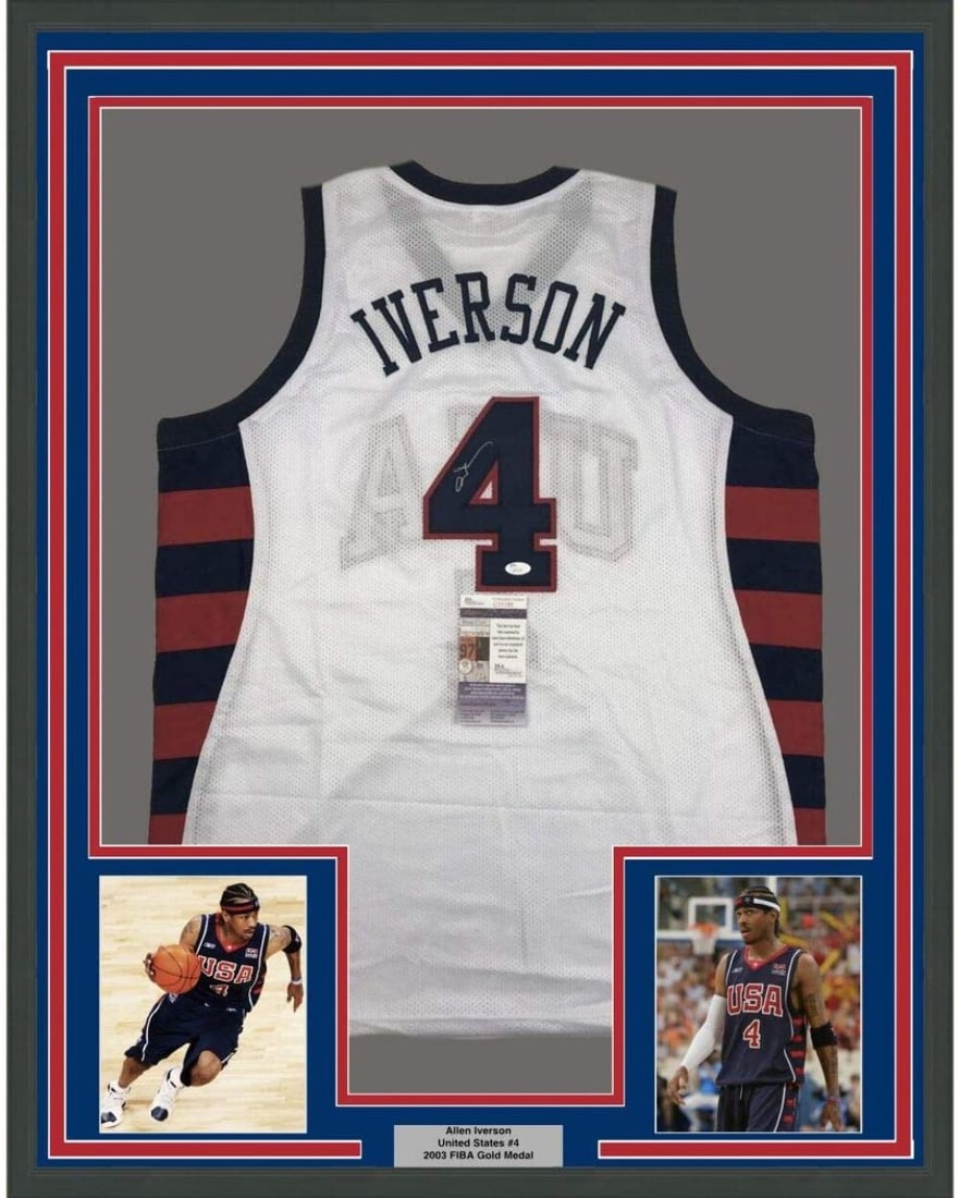 Framed Allen Iverson Autographed White Jersey with JSA COA 35x39: Framed Allen Iverson Autographed White Jersey with JSA COA 35x39 This is a professionally framed and matted autographed Allen Iverson white jersey, measuring 35 inches by 39 inches. The item includes 