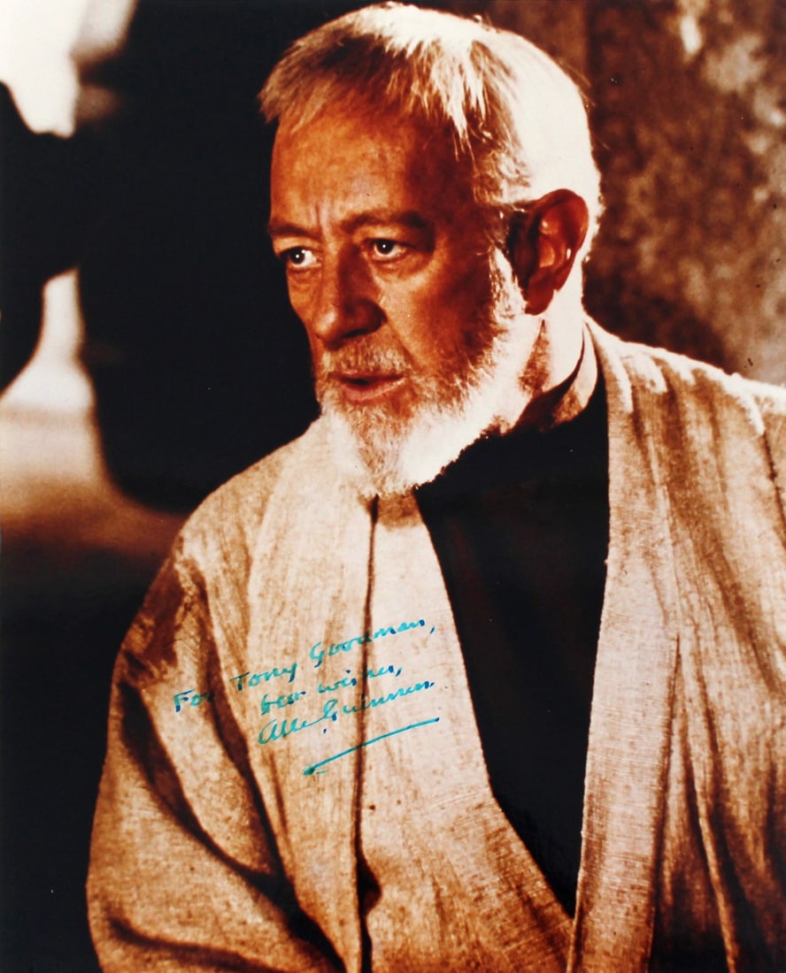 Beckett signed Alec Guinness Star Wars 8x10 photograph: Beckett signed Alec Guinness Star Wars 8x10 photograph This 8x10 photograph features a personal inscription and authentic signature from Alec Guinness, renowned for his role in Star Wars. The photo in